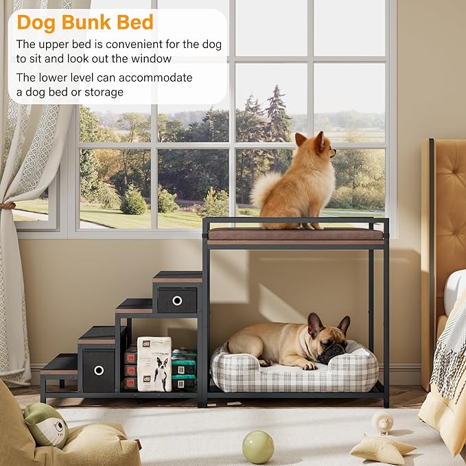 kepptory Dog/Cat Window Perch with Stairs and Seat Cushion, Pet Bunk Bed with Storage Drawers, Bedside Dogs Cot for Small, Medium Cats & Dogs, Pet Stairs Ramp(Brown)