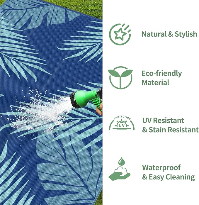 GENIMO Outdoor Rug, Waterproof Plastic Rugs 10'x14' for Camping Navy Green | Outside Larger Leaf Carpet Mat for Porch Decor, Deck, Camping, RV, Backyard, Balcony, Picnic, Beach, Reversible, Foldable