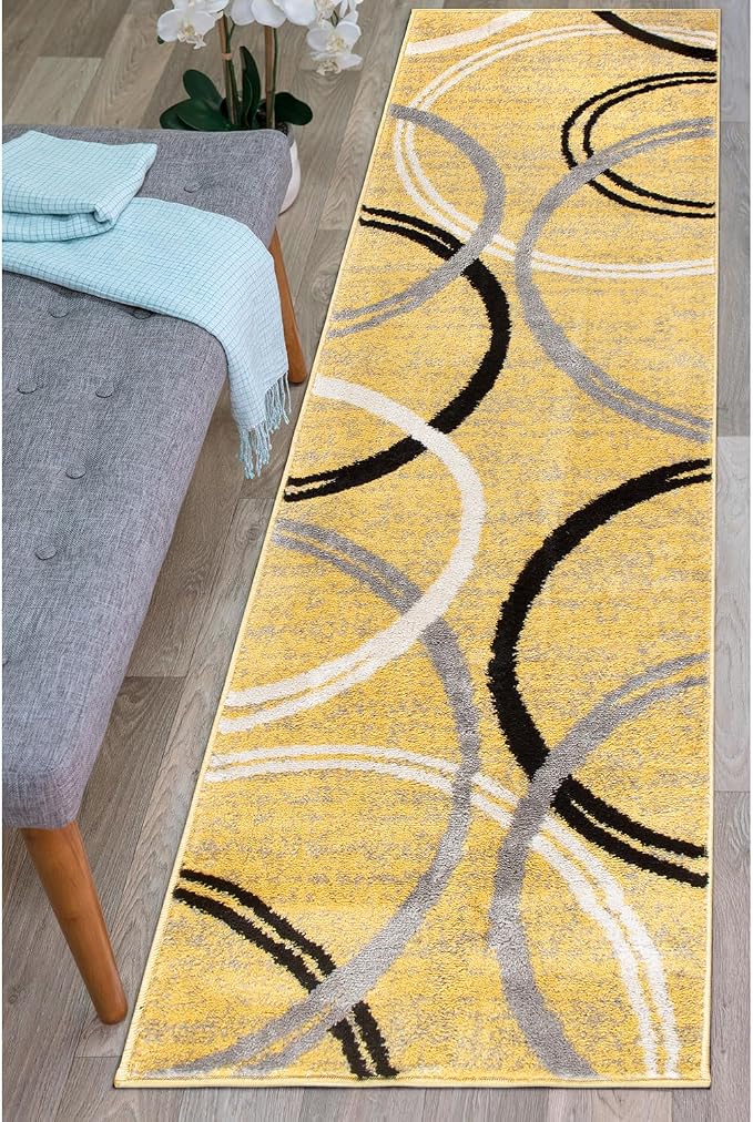 Rugshop Wavy Circles Fade-Resistant Living Room Runner Rug Yellow 2' x 7'2" | Rectangular, Size 2' x 7'2", Bedroom, Dining Room, Home Office, Kitchen, Entryway, Hallway, Nursery, Kids Room, Guest Room