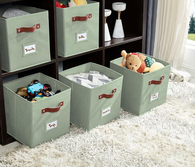 DECOMOMO Storage Bins, Cube Storage Bin with Labels | 10.5" x 11" Fabric Storage Cubes for Shelves (2pcs, Sage Green)