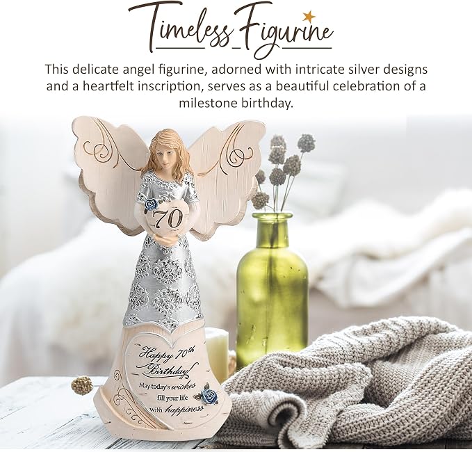 Pavilion 'Happy 70th Birthday' 82416 Elements Angels - Polyresin Birthday Angel Figurine - Silver Hand-Painted Remembrance and Keepsake Gift Angel for Grandmothers, Mothers, Aunts, Friends, Women