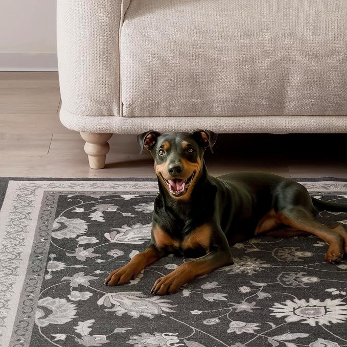 EVERGRACE Area Rugs for Living Room 4x6, Boho Floral Faux Wool Indoor Outdoor Rugs, Washable Rugs for Bedroom Entryway Dining Room Hallyway, Low Pile Floor Mat Carpet for Home Decor, Ebony Black