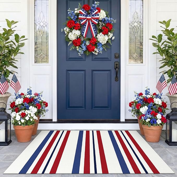KOZYFLY 250th Anniversary Patriotic Doormat Blue Red White Striped Rug 24 x 35 Inch Front Door Mat 4th of July Memorial Day Welcome Mats for Entryway Porch Kitchen Patio Independence Day Decor