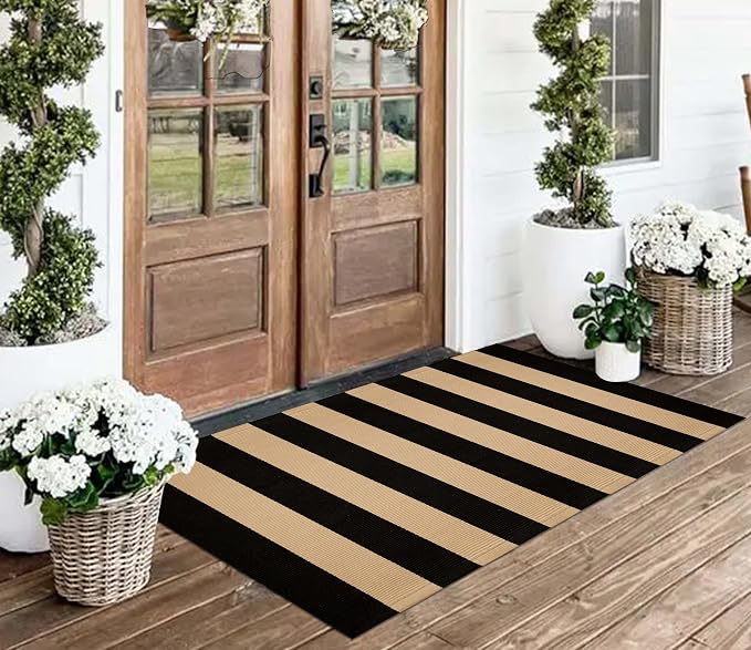 Front Porch Rug 24"x51",Black and Tan Striped Outdoor Rug Cotton Woven Washable Indoor Outdoor Doormat Farmhouse Small Area Rug for Porch/Entryway/Home Entrance Decor