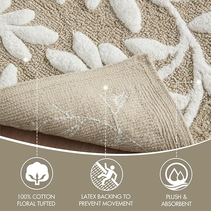 Madison Park Serene Tufted Bath Rug Cotton Absorbent, 21 x 34, Taupe | Quick Dry, Soft Pile, Machine Washable, Floral Pattern, Plush, OEKO-TEX Certified