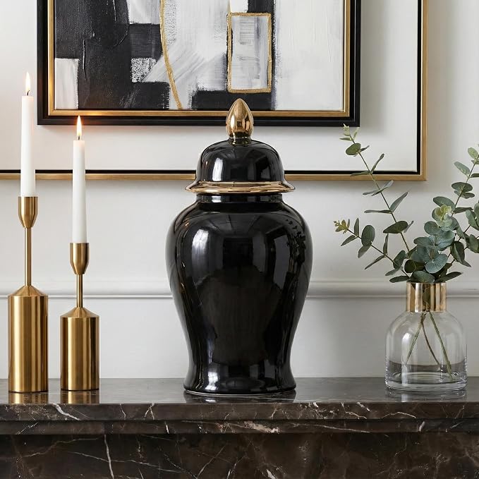 Ceramic Temple Jar with Lid for Living Room Decor - Contemporary Flower Vase for Bedroom, Home Styling, and Kitchen Counter - Sculpted House Accent for Office and Table Decor - 18", Black & Gold