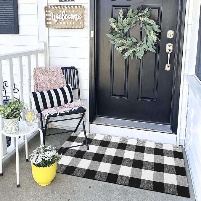 KIMODE Front Door Mat Buffalo Plaid Outdoor Rug 27.5"x43" Black and White Checkered Rug Farmhouse Front Porch Rug Outdoor Fall Decor Cotton Woven Washable Layered Door Mats