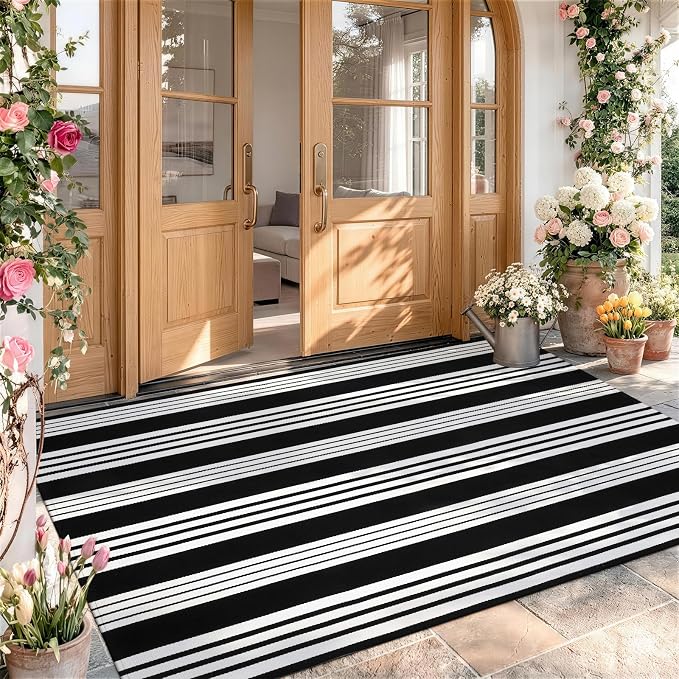 OJIA Black and White Outdoor Rug 4'x6' Washable Patio Rug Porch Camping Rug | Cotton Woven Front Door Mat Outdoor Area Rugs Floor Mat for Farmhouse/Front Porch/Balcony/Entryway/Deck/Home Entrance Decor
