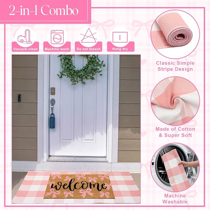 2 Pcs Outdoor Door Mat Combo Set Layered Outdoor Rug and Coir Welcome Doormat Non Slip Outside Floor Mat for Front Porch Entryway Patio Yard Decor(Bow Welcome,24'' X 51',18'' X 28'')