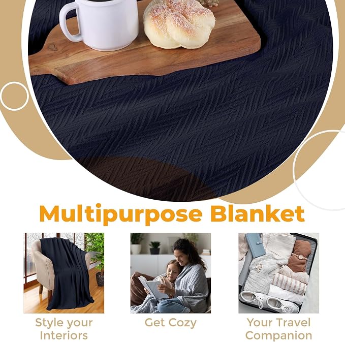 Superior Metro All-Season Cotton Blanket, Woven Blanket for Couch, Bed, Bedding, Farmhouse, Home Essentials, Cute and Cozy Bohemian Blankets, Herringbone Weave, Twin Size, Navy Blue