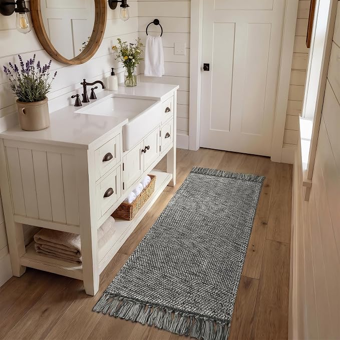 Collive Bathroom Runner Rug, 2' x 5' Modern Farmhouse Kitchen Runner Rug Hand-Woven Entryway Rugs Runners for Hallway, Gray Boho Washable Laundry Carpet Indoor Front Door Mat for Bedroom Decor