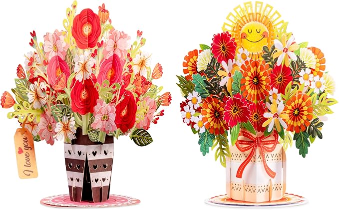 Paper Love HugePop Flower Bouquet Pop Up Cards 2 Pack - Includes 1 Lovely Flower Vase and 1 Happy Bouquet, Gift For Mothers Day, Birthday, Valentines Day, All Occasions - Jumbo 10" x 14" Card