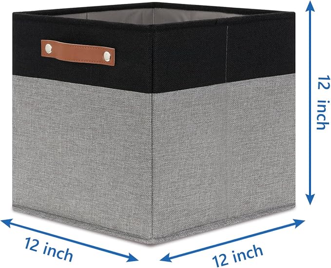 Temary Fabric Cube Storage Bins 12 Inch Decorative Storage Cubes Baskets 4 Pack Foldable Cube Storage Bins for Closet, Shelves (Black&Grey)