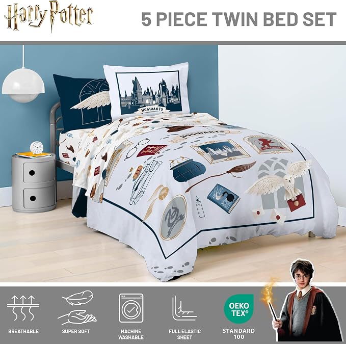 Harry Potter Twin Comforter Set 5 Piece Soft Hogwarts Bedding, Grey | Hedwig, Bed in a Bag, Comforter Sheets Sham Pillowcase, Official Product, Soft Microfiber, Machine Washable, Kids Gift