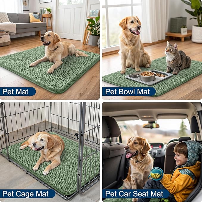 Smiry Dog Door Mat for Muddy Paws 24x16, Absorbent Dirt Trapper, Non-Slip Washable Chenille Entryway Rug for Inside Floor, Olive Green, Classic Solid
