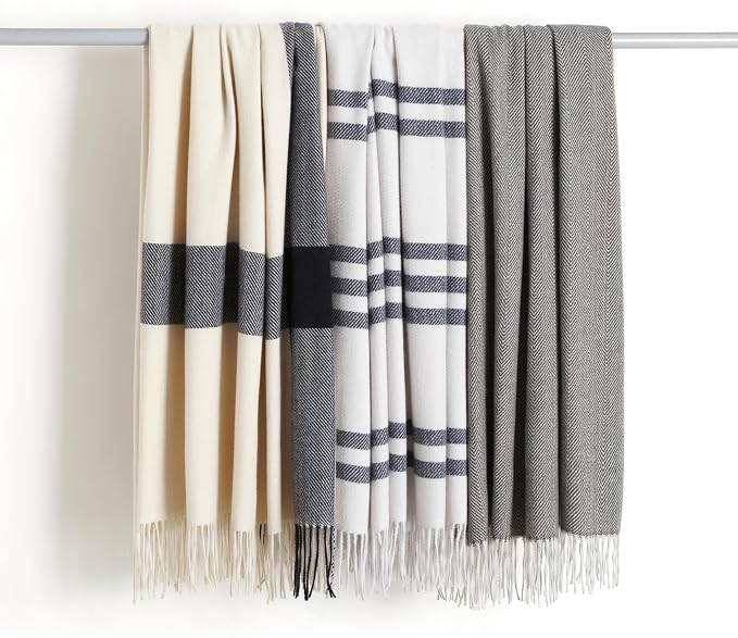 Amazon Basics Room Décor Throw Blanket, Lightweight and Cozy, Recycled Polyester, 50" x 60", Light Grey With Blue Stripes