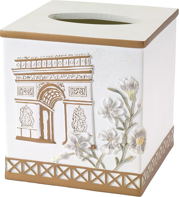 Avanti Linens - Tissue Box Cover, Hand Painted Resin, Countertop Accessories, Chic Bathroom Decor (Paris Botanique Collection)