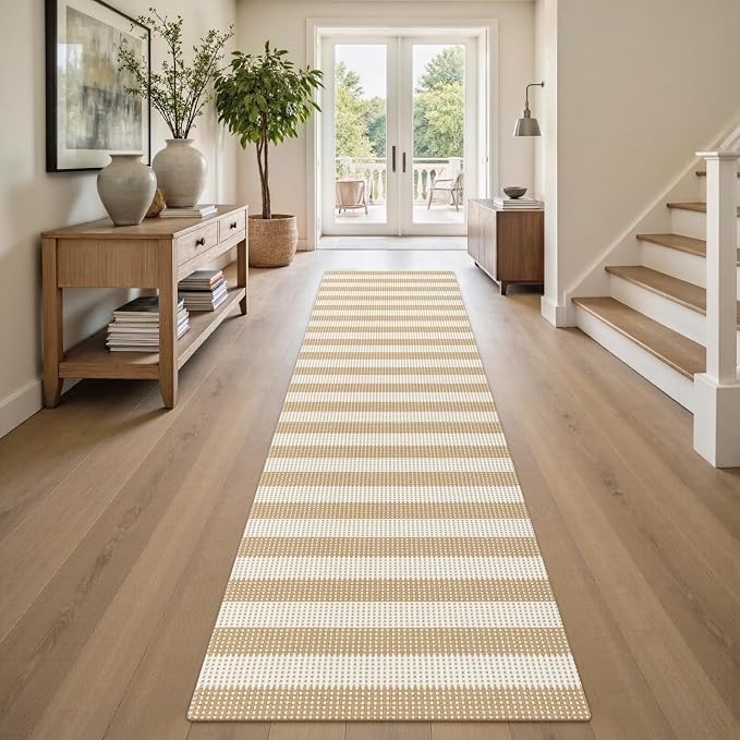 Rugalia Washable Woven Hallway Runner Rug, 2x8 Natural Beige Striped Cotton Rug Runners for Entryway Non-Slip Long Kitchen Mat, Modern Neutral Throw Runner Carpet for Outdoor Porch Laundry