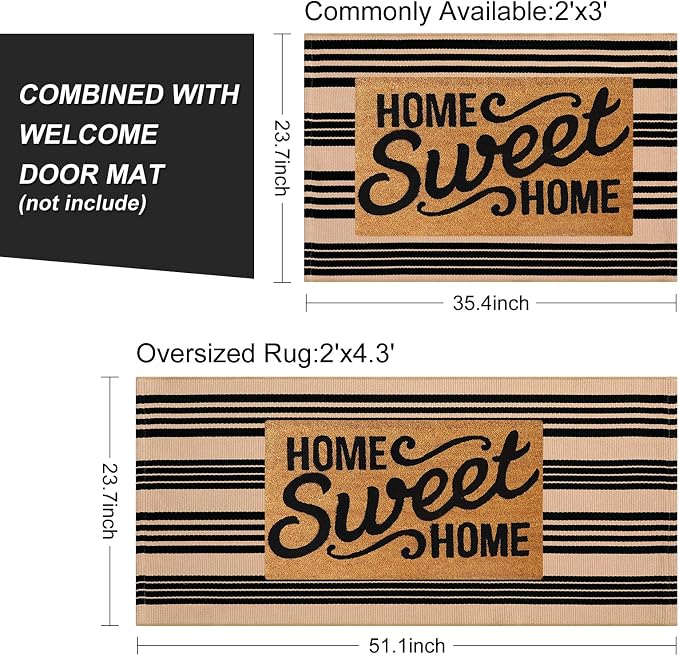 LEEVAN 2'X4.3' Black and Tan Striped Woven Cotton Reversible Outdoor Rug | Small Machine Washable Front Porch Rug, Entryway Door Mat, Indoor Layering Carpet for Farmhouse Bathroom Laundry