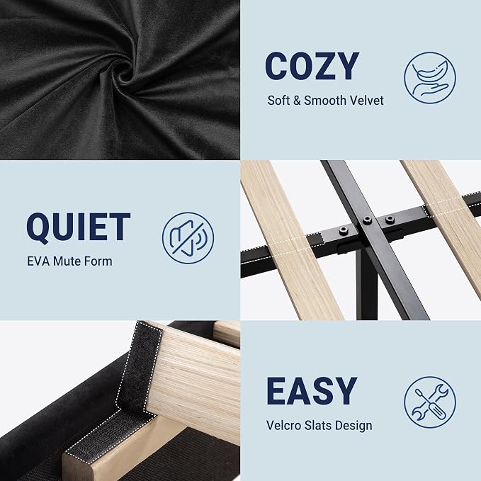 Allewie Queen Platform Bed Frame with Adjustable Headboard | Plush Velvet Upholstered, Vertical Channel Tufted, Sturdy Wood Slats, No Box Spring Needed, Easy Assembly, Black