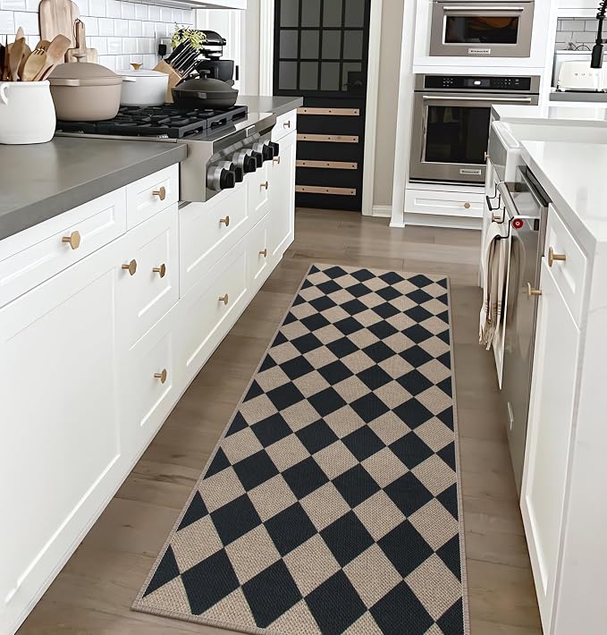 Rugalia Easy Jute Checkered Runner Rug, 2x6 Black Modern Washable Rugs Runner for Hallway Non-Slip Long Kitchen Rug, Geometric Diamond Indoor Outdoor Carpet for Porch Laundry Entryway