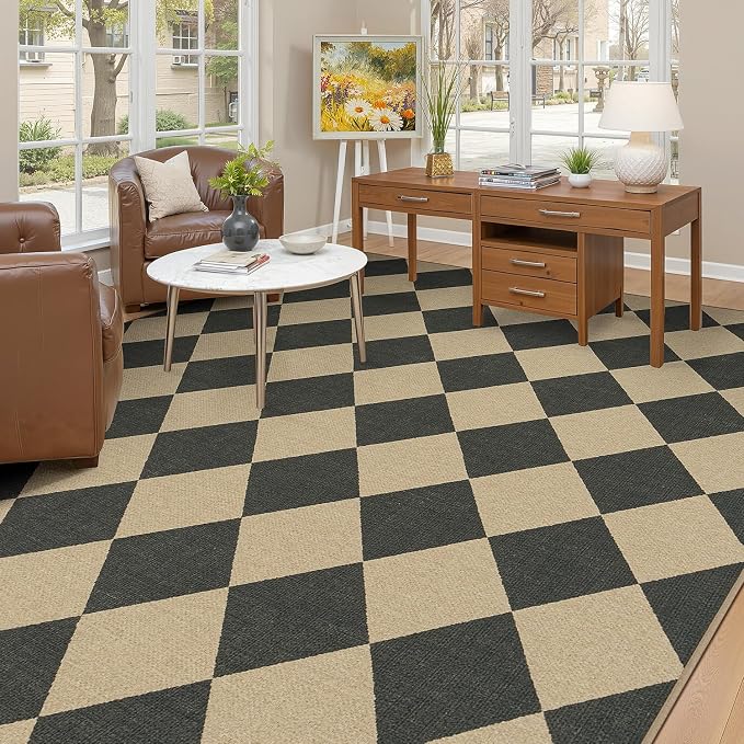 Lessymo Area Rugs 8x10 for Living Room, Easy Jute Washable Patio Outdoor | All Vacuums Compatible, Non Slip Indoor Carpet for Bedroom Backyard Dining Room, Kid Pet Friendly, Diamond Black/Beige