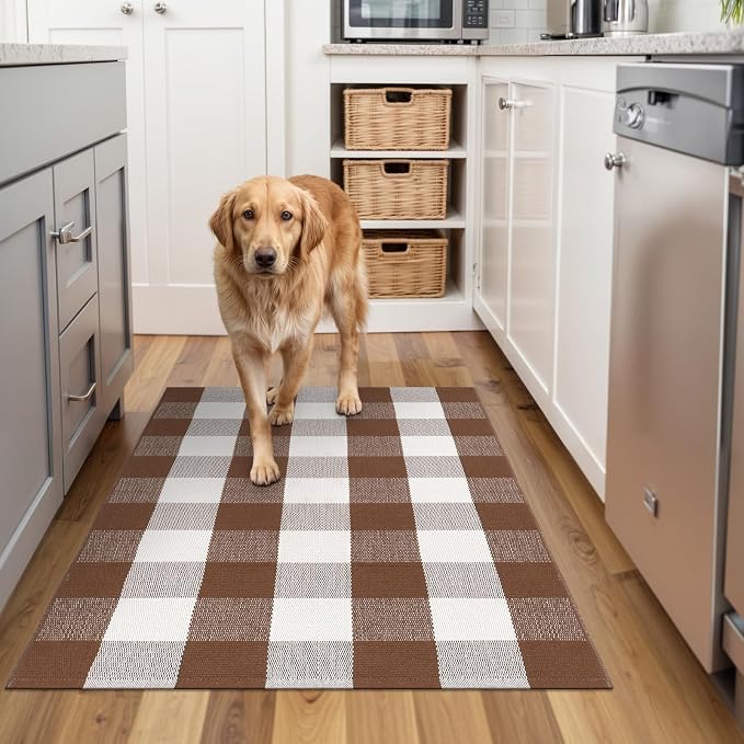 Collive Buffalo Plaid Checkered Outdoor Rug, Fall Autumn Decor Door Mat, 27.5x43 Inches Coffee and White Front Door Rug Outside Entrance, Washable Welcome Layered Doormat for Porch Entryway Patio