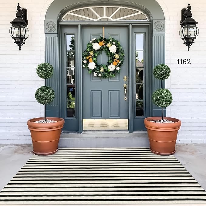 OJIA Washable Area Rugs 4'x6' Black and Cream Outdoor Rug Porch Patio Decor | Cotton Woven Entryway Rugs Indoor Striped Patio Rug Carpet for Bedroom/Front Porch/Deck/Backyard/Home Outside Entrance Decor