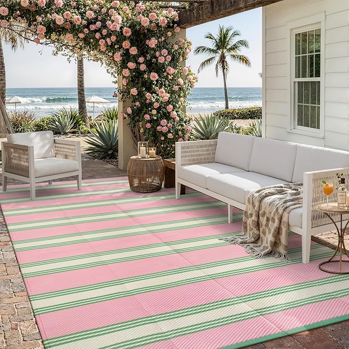 Lahome Striped Outdoor Rug 8x10 Patio Waterproof, Reversible Outdoor Plastic Straw Rug for Camping, RV Patio Rugs Outside Large Carpet for Porch Deck Backyard Picnic(Pink/Green,8'x 10')