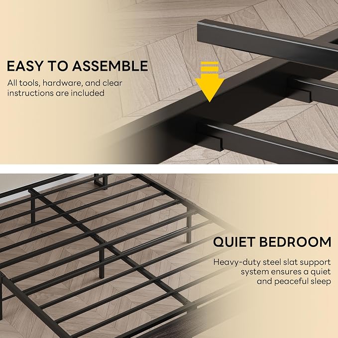 LIKIMIO Queen Bed Frames, PU Leather Storage Headboard with Charging Station, Solid and Stable, Noise Free, No Box Spring Needed, Easy Assembly, Black