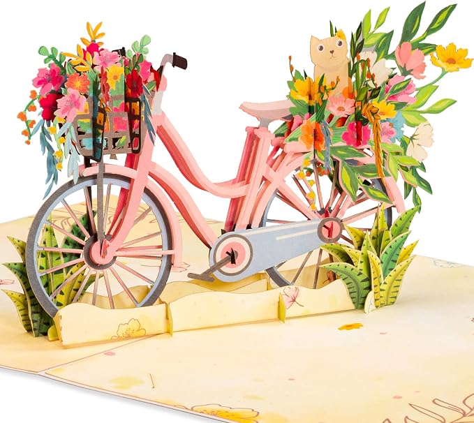 Paper Love Pop Up Cards 2 Pack - Includes 1 Spring Flower Bike and 1 Sunflower, For All Occasions, Mother Day, Birthday, Just Because- Includes Envelope and Note Tag