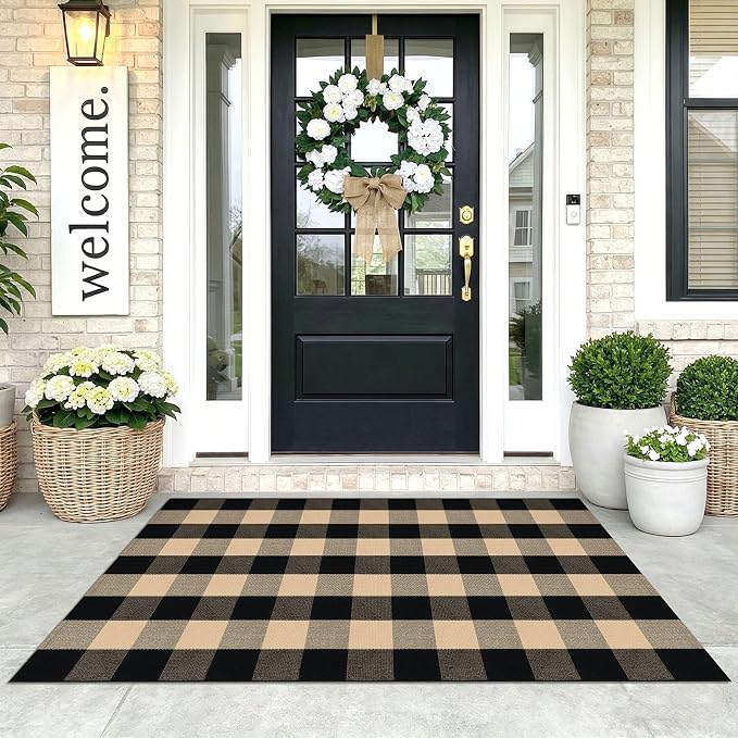 KOZYFLY Buffalo Plaid Area Rugs 3x5 ft Brown and Black Washable Front Door Mat Woven Cotton Indoor Outdoor Rug for Front Porch Kitchen Entryway Patio Farmhouse Checkered Doormat
