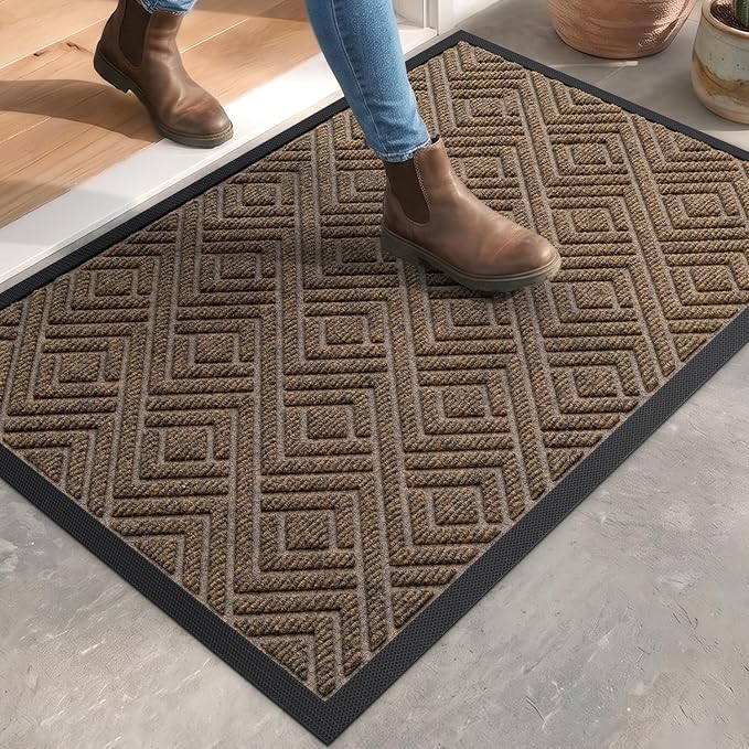 DEXI Front Door Mat Outside Entrance, 17x30 Heavy Duty Entry Doormat Dirt Trapper with Rubber Back, Non Slip Low Profile Floor Mats for Entryway Exterior Patio, Checkered Brown