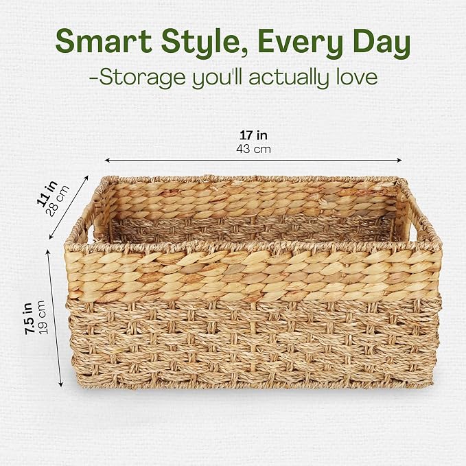Large Wicker Storage Baskets with Handles, 17 x 11 x 7.5 Inches | Natural Seagrass and Hyacinth, Woven Storage Basket, For Organizing Shelves, Closet, Pantry, Living Room