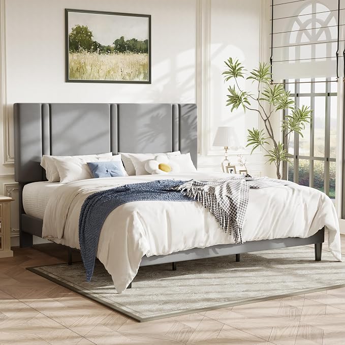 Allewie King Size Platform Bed Frame with Adjustable Headboard | Plush Velvet Upholstered, Vertical Channel Tufted, Sturdy Wood Slats, No Box Spring Needed, Easy Assembly, Grey