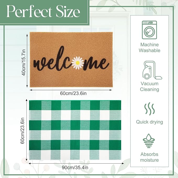 2 Pcs Outdoor Door Mat Combo Set Layered Outdoor Rug and Coir Welcome Doormat Non Slip Outside Floor Mat for Front Porch Entryway Patio Yard Decor(Green Daisy,24'' X 35'',24'' X 16'')