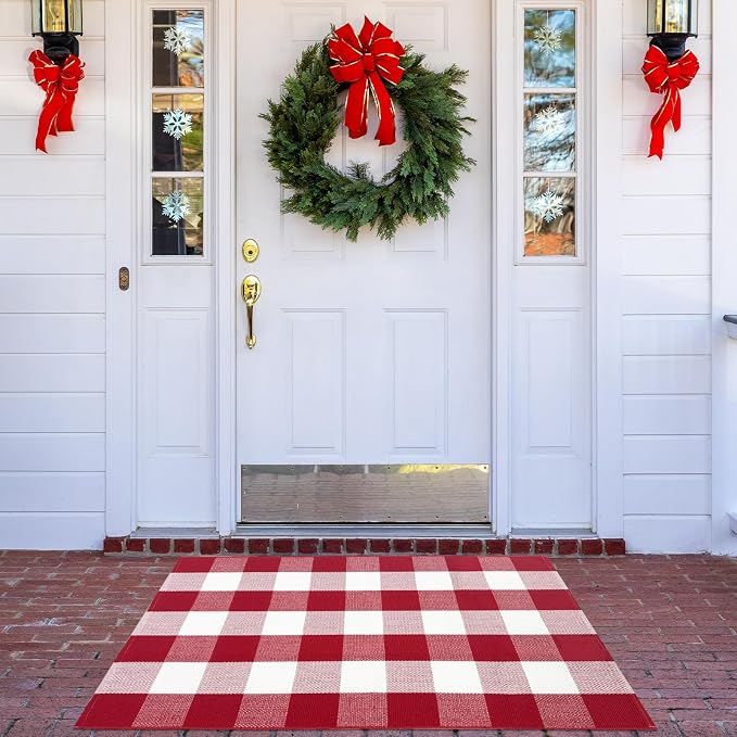 USTIDE Buffalo Plaid Rug Red & White Check Indoor/Outdoor Floor Mat 27.5"x43.3" Christmas Layering Doormat for Hello/Welcome Hand Woven Cotton Area Rug for Front Door Porch Kitchen