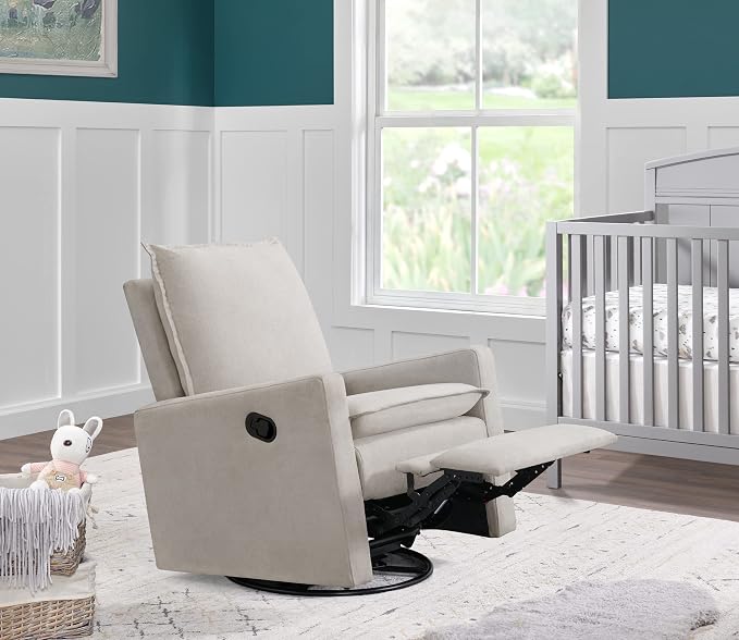 Oxford Baby Uptown Upholstered Glider Recliner Rocking Chair 360° Swivel for Nursery and Living Room - Sand, Green Guard Gold Certified
