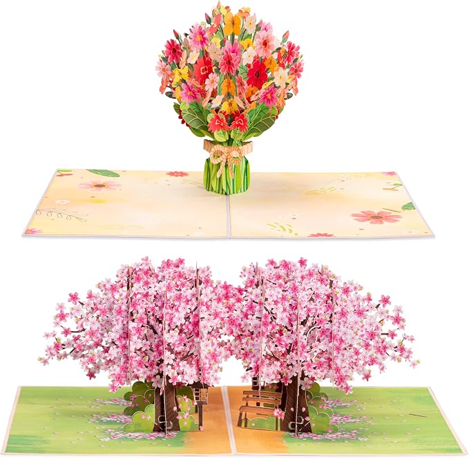 Paper Love Pop Up Cards 2 Pack - Includes 1 Spring Bouquet and 1 Cherry Blossom Park, for All Occasions, Mother Day, Birthday, Just Because- Includes Envelope and Note Tag