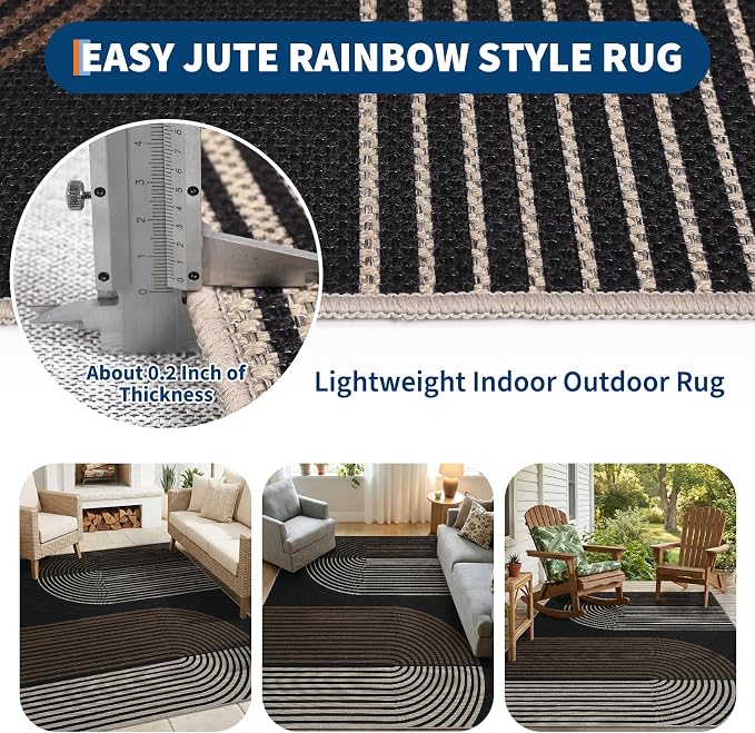 GarveeHome Modern Rainbow Easy Jute Rug 5x7, Washable Area Rugs for Living Room Farmhouse Dining Room, Contemporary Natural Non Slip Non Shedding Floor Carpet for Office RV Patio