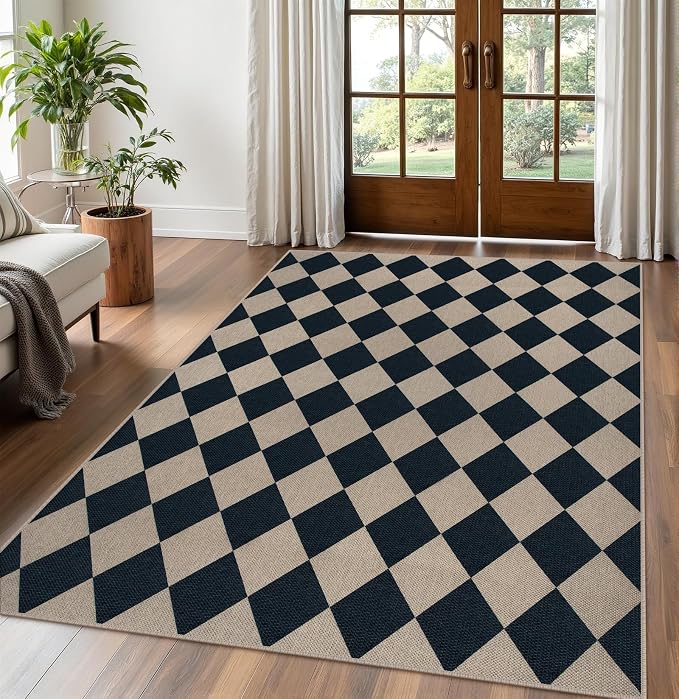 Rugalia Easy Jute 5x7 Outdoor Patio Rug, Washable Black Checkered Rugs for Living Room, Non-Slip Farmhouse Diamond Outdoor Mat Neutral Abstract Floor Carpet for Patio Dining Room Backyard