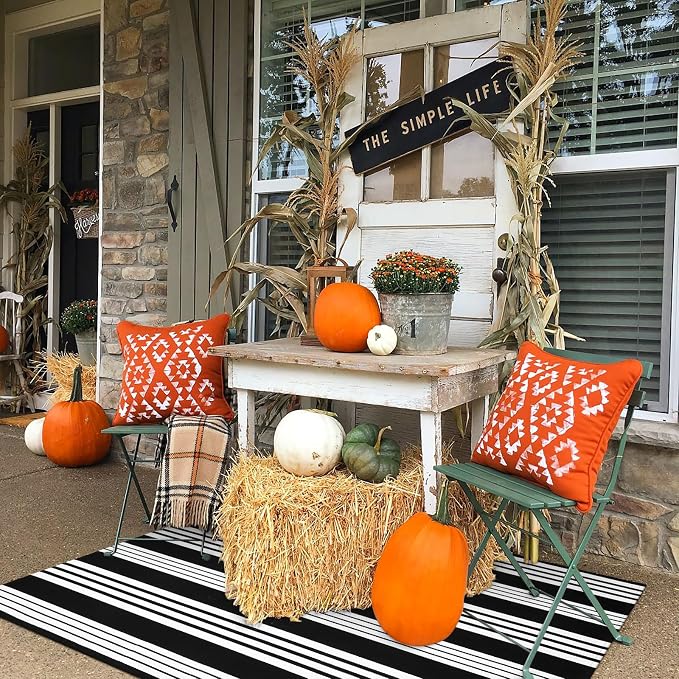 LEEVAN 4'X6' Black and White Striped Woven Cotton Reversible Outdoor Rug | Machine Washable Front Porch Rug, Entryway Door Mat, Indoor Layering Carpet for Balcony Farmhouse Laundry Farmhouse