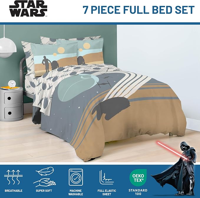 Star Wars Full Comforter Set 7 Piece Soft Bedding for Boys, Multi | Bed in a Bag, Comforter Sheets Shams Pillowcases, Official Product, Soft Microfiber, Machine Washable, Boys Gift