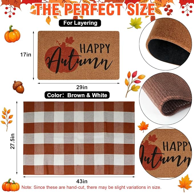 2 Pcs Autumn Outdoor Doormat Welcome Coir Doormat Rug Layered Red White Buffalo Plaid Mat for Front Porch Entryway