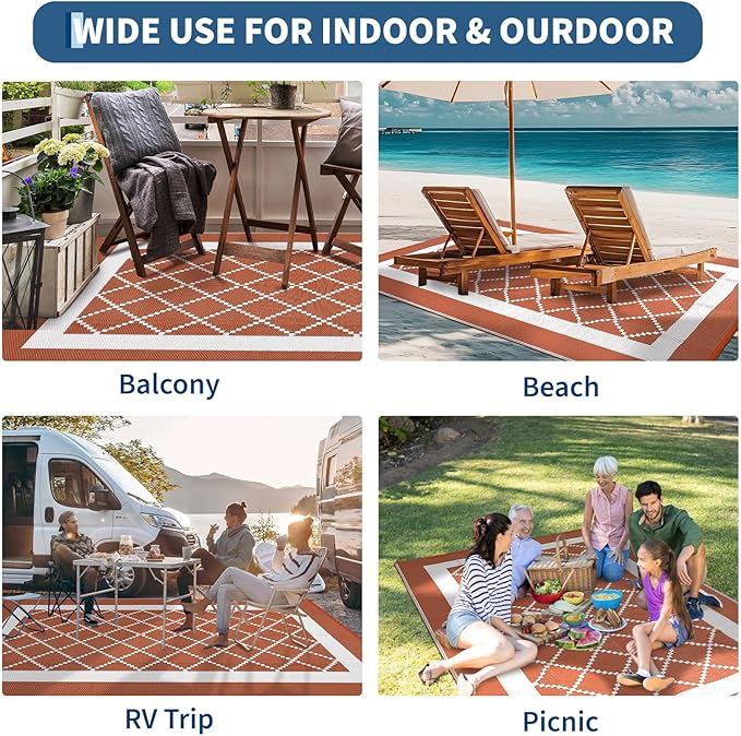 Outdoor Rug 8x10ft Waterproof Reversible Plastic Straw Carpet Modern Orange & White Patio Mat Lightweight Easy Clean UV-Resistant for Deck RV Camping Beach Balcony 尺寸: