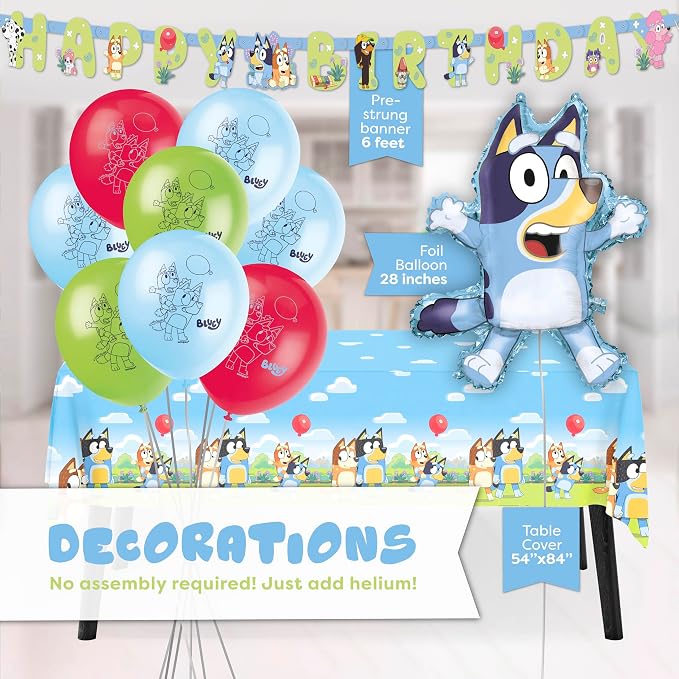 Bluey Birthday Decorations and Party Supplies with Balloons and Tablecloth | Officially Licensed Bluey Party Decorations - Banner, Tablecloth, Foil and Latex Balloons, Plates and Napkins for 16