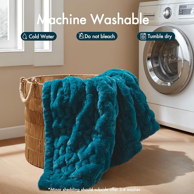Madison Park Ruched Faux Fur Luxury Throw Teal 50*60 Premium Soft Cozy Brushed Long Faux Fur For Bed, Coach or Sofa | Luxury, Premium, Soft Cozy Brushed Long Pile, All Season Plush Modern OEKO- TEX Certification Warm For Bed, Couch or Sofa