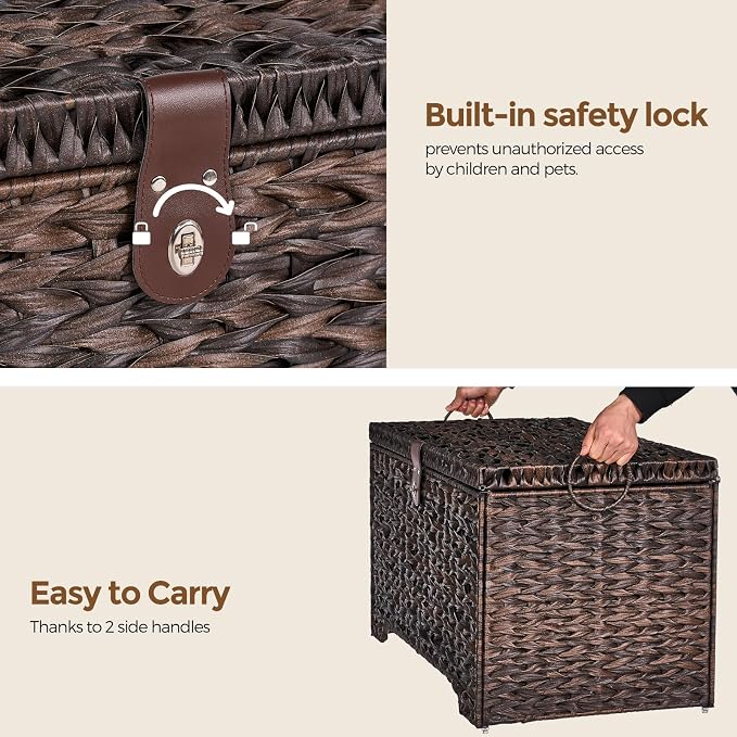 165L Handwoven Wicker Storage Basket with Lid, Large Storage Trunk | Leather Buckle Closure; Waterproof PP Wicker; Large Metal Ring Handles; Reinforced Steel Frame