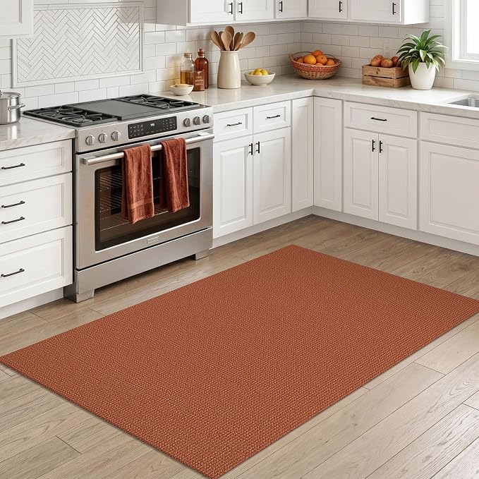 IOHOUZE Washable Area Rug 3x5 Non Slip Rubber Backed Woven Rugs for Entryway Rugs Indoor Outdoor Doormat Throw Rug Floor Carpet for Entrance Kitchen Front Door, Burnt Orange/Tan