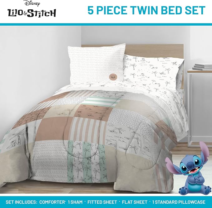 Disney Lilo and Stitch Twin Comforter Set 5 Piece Bedding for Girls, Multi | Bed in a Bag, Comforter Sheets Sham Pillowcase, Official Product, Soft Microfiber, Machine Washable, Easy Care, Girls Gift